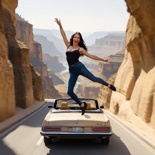 Prompt: Mona Lisa  jumping over a canyon while 
 she  is in and  driving a convertible 