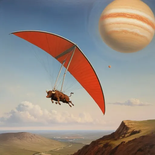 Prompt: A bull  flying over jupiter's red spot  on hang glider, 1970s oil painting,

