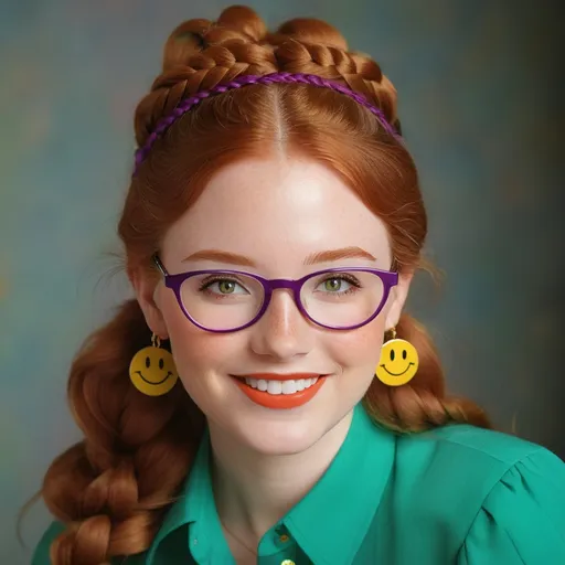 Prompt: 25-year-old woman with earrings 1970s smiley face yellow, green eyes. cover with dark freckle. long ginger hair ginger in a French braid. wearing lipstick red. broad rimmed eyeglasses purple .  yellow blouse, blue  slacks, photo, professional photo. Studio lighting, backlit, realistic lighting. hdr uhd 8k ultra-realistic render, 