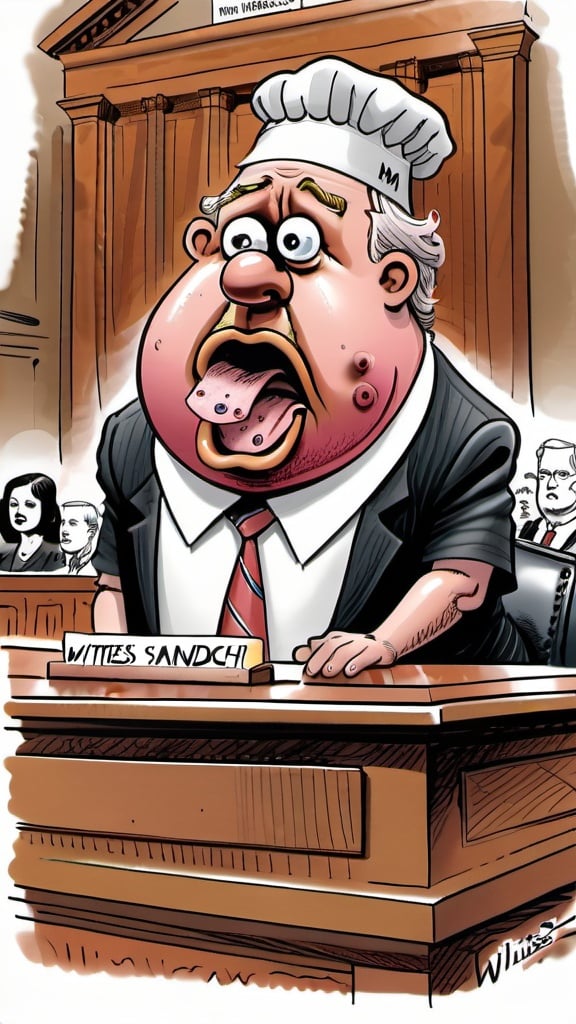 Prompt: a political cartoon illustrating an indictment ham sandwich on the witness stand in court