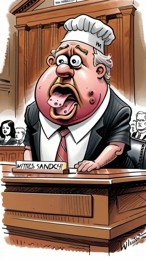 Prompt: a political cartoon illustrating an indictment ham sandwich on the witness stand in court