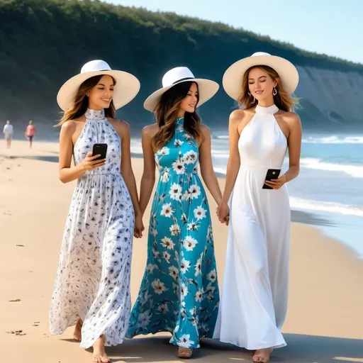 Prompt: three 21-year woman in (( long flower print Empire Dress with a high neck line and white hat))   looking at their phones on ((beach under UFO attack))  together, one of them is looking at their phone, 