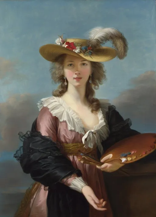 Prompt: Self-portrait in a Straw Hat (French: Autoportrait au chapeau de paille, Dutch: Zelfportret met strohoed)

"Step into the elegant world of 18th-century France as you reimagine Élisabeth Vigée Le Brun's iconic self-portrait, 'Self-portrait in a Straw Hat.'

Capture the grace and beauty of the artist as she gazes confidently at the viewer, her straw hat adorned with ribbons casting a soft shadow across her face.

Experiment with light and shadow to evoke a sense of depth and dimension, highlighting the delicate features and subtle expressions that characterize Vigée Le Brun's self-portraiture.

Explore the intricate details of costume and fashion from the Rococo era, from the elaborate lace collar to the sumptuous fabrics of the artist's gown, infusing your artwork with a sense of historical authenticity and charm.

Consider the role of portraiture in shaping identity and self-representation, inviting viewers to reflect on the artist's unique perspective and the societal conventions of her time.

Whether you choose to work with traditional mediums such as paint or pencil, or explore digital techniques and mixed media, let your creativity soar as you breathe new life into this timeless masterpiece.

Embrace the spirit of Vigée Le Brun's self-portrait as you embark on a journey of artistic exploration, inviting viewers to join you on a captivating voyage through the opulent world of 18th-century France."
(chatgpt)






