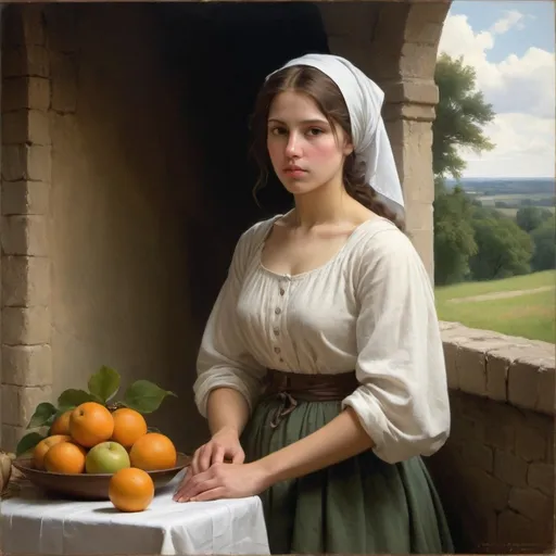 Prompt: Create a professional oil painting that blends the styles of Carl Heinrich Bloch, the American Barbizon School, William-Adolphe Bouguereau, and Flemish Baroque art. The scene should depict a young woman in a serene, rustic setting, engaged in a simple, domestic task.

Subject: A young woman dressed in traditional, 19th-century rural attire, perhaps with a white headscarf and a long, flowing dress in rich, deep colors. She is standing beside a sturdy wooden table covered with a white cloth, arranging a bowl of fruit. The fruits should include vibrant, lifelike oranges and apples, meticulously detailed.

Composition: Position the woman slightly to the left of the center, her figure softly illuminated by natural light coming from a window or an open doorway on the right. Her expression should be serene and contemplative, reflecting a quiet moment of everyday life.

Background: Include an archway in the background leading to a lush, green landscape typical of the Barbizon School. The landscape should be rich with detailed foliage, a distant view of rolling hills, and a hint of a bright blue sky with fluffy white clouds.

Lighting: Use chiaroscuro to create a dramatic contrast between light and shadow, highlighting the woman's face and hands. Ensure the light source casts soft, natural shadows that add depth and realism to the scene.

Detail and Realism: Emphasize the textures and details in the woman’s clothing, the fruits, and the rustic setting. Aim for a smooth, almost photographic finish similar to Bouguereau's works, ensuring every detail is meticulously rendered.

Color Palette: Utilize a rich and harmonious color palette, with deep greens, blues, and earthy tones for the woman's dress and the background, contrasted with the bright, natural colors of the fruits and the soft white of the tablecloth.

Atmosphere: The overall atmosphere should be calm and reflective, capturing a timeless moment of simplicity and beauty in rural life.