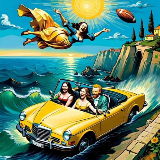 Prompt: Mona Lisa and   Vincent van Gogh are laughing and driving a sports convertible car off a cliff into the ocean, car flying through air towards screen, freefalling, dynamic
