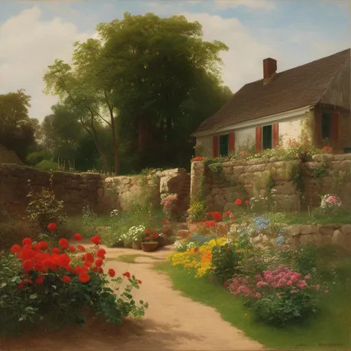 Prompt: a painting of a garden with flowers and a stone house in the background with a path leading to it, in the style of by Albert Bierstadt, American scene painting, an oil painting <mymodel>