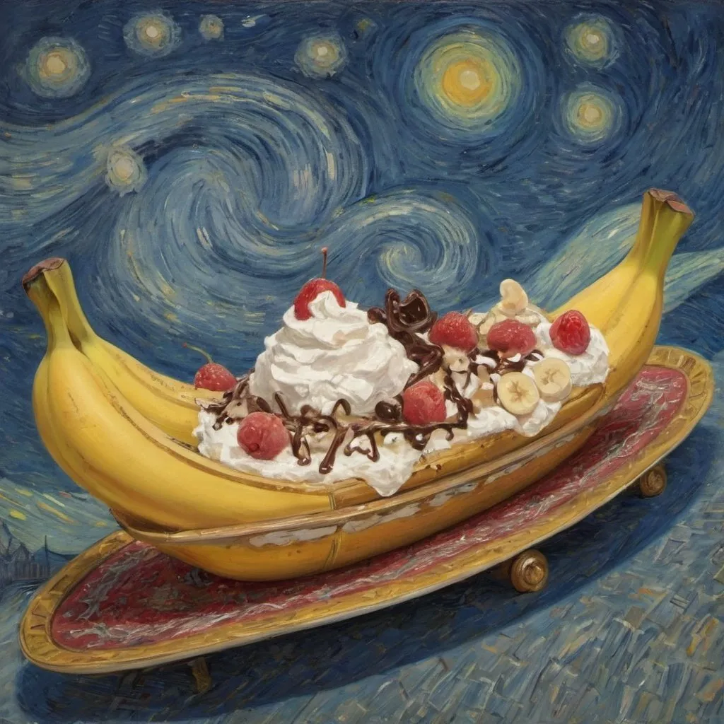 Prompt: A "banana split" flying on a "magic carpet" in "The Starry Night" by Vincent van Gogh