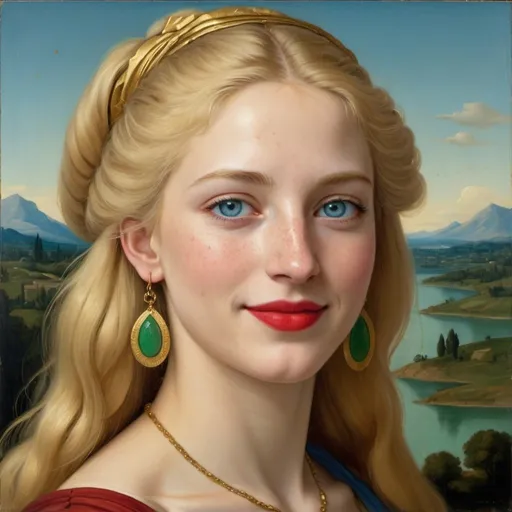 Prompt: a painting of Helen of Troy cover with dark freckle blue eyes  long blonde hair red lipstick  on a smile on her face, "gold earrings" with a green background and a blue sky, Fra Bartolomeo, academic art, renaissance oil painting, a painting in the style of  Mona Lisa