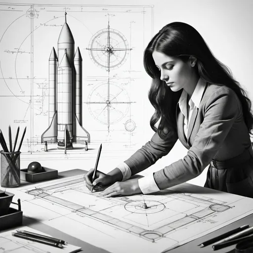 Prompt: drawing of a woman drawing a blueprint as she is working as  an Aerospace Engineer designing a rocket in an office ,Leonardo da Vinci,