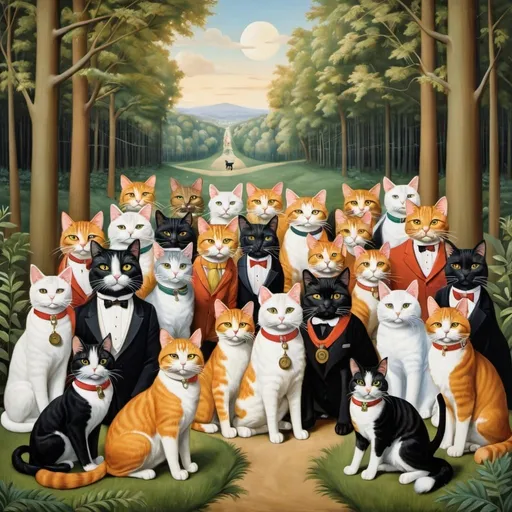 Prompt: a painting of a large group of anthropomorphic cats in a wooded area with a dog on a leash.
