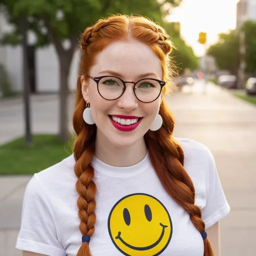 Prompt: the woman is 25-year-old, green eyes. cover with dark freckle. long ginger hair ginger in a French braid. wearing lipstick red. broad rimmed eyeglasses purple.

the is  woman wearing a WHITE t-shirt. 

the WHITE  t-shirt has the classic  1970s  yellow smiley face on it.

 the woman is wearing  earrings.

the earrings  has the classic  1970s  yellow smiley face on them.

 the woman is wearing   blue jean, and tennis shoes.

the woman is  standing on her feet on a sidewalk