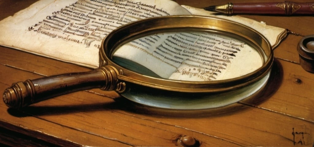 Prompt: Painting  of magnifying glass sitting on top of a wooden table by Leonardo da Vinci