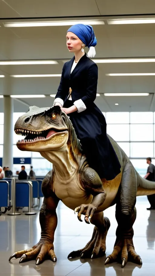 Prompt: the girl with the pearl earring. riding a   tyrannosaurus, in  an airport