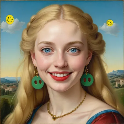 Prompt: a painting of a woman blue eyes  long blonde hair, red lipstick, on a smile on her face "yellow smiley face earrings", with a green background and a blue sky, Fra Bartolomeo, academic art, renaissance oil painting, a painting