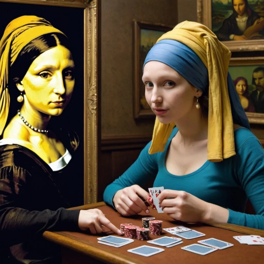 Prompt: "Mona Lisa" playing poker with "Vincent van Gogh",  and "the girl with the pearl earring" 