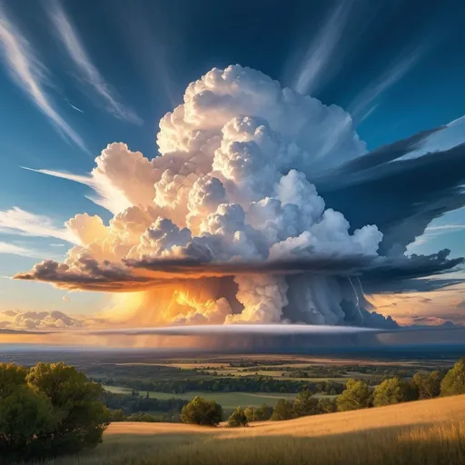 Prompt: Create a breathtaking digital painting capturing a towering cumulonimbus cloud dominating the sky at sunset. The cloud should be majestic and billowing, with its edges illuminated by the warm, golden hues of the setting sun. The sky around the cloud transitions from a deep blue at the top to a soft, glowing gradient near the horizon. In the foreground, include silhouettes of treetops and rooftops to provide scale, emphasizing the grandeur of the cloud. The scene should evoke a sense of awe and tranquility, with the ethereal light casting a magical glow on the landscape.