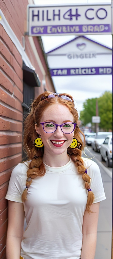 Prompt:  portrait of a smiling 27 year-old woman. green eyes. cover with dark freckle. long ginger hair ginger in a French braid.   wearing  red lipstick. purple broad rimmed eyeglasses.  1970s yellow smiley face earrings,  and  white t-shirt with a 1970s yellow smiley face. photo.