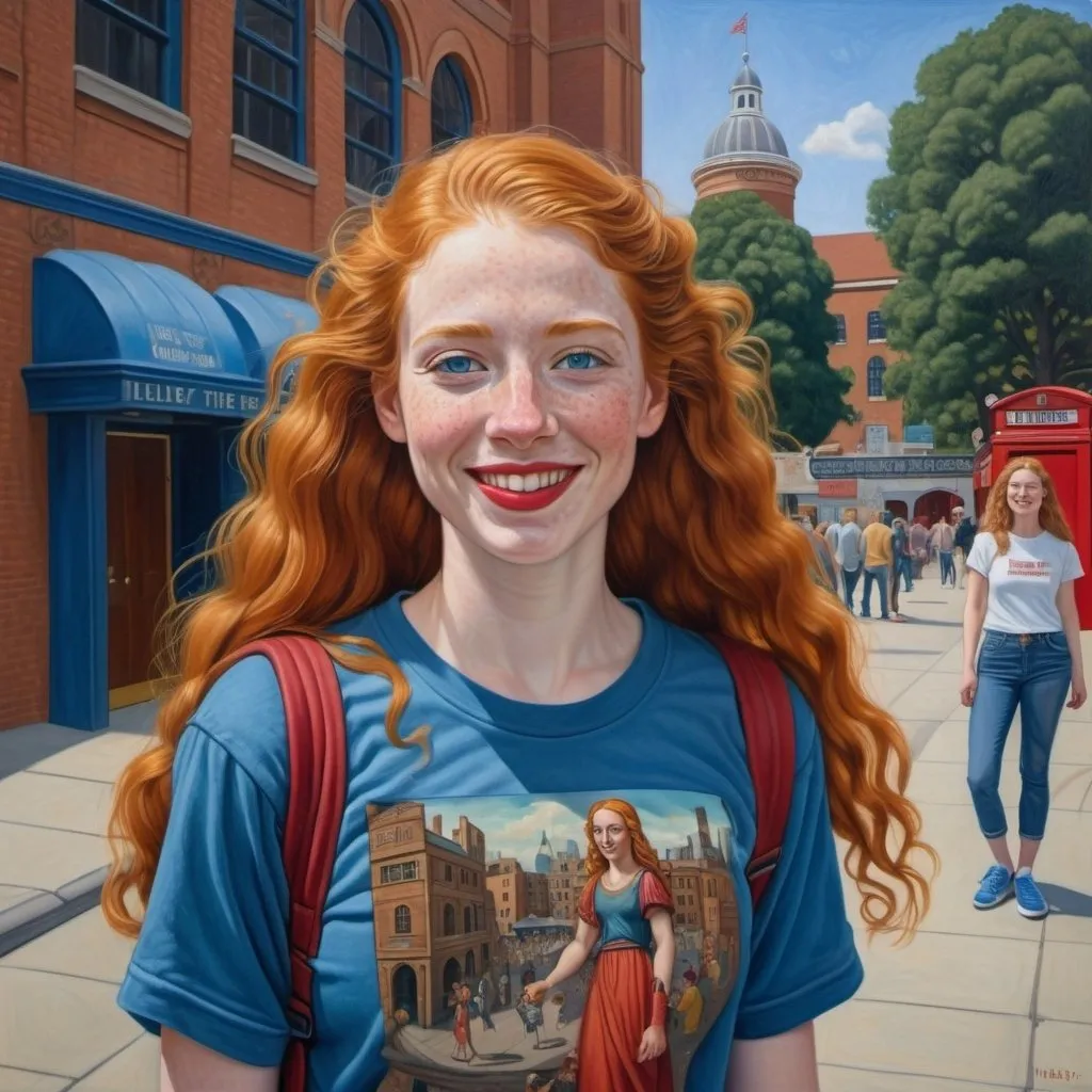 Prompt: a full-length portrait painting,
Helen of Troy 
cover with dark freckle, 
green eyes long ginger hair, 
red lipstick,
smile on her face,
standing on the sidewalk outside the 	Globe Theatre, 
smiley-face  t-shirt, 
long blue jean,
blue tennis shoes,
academic art, renaissance oil painting