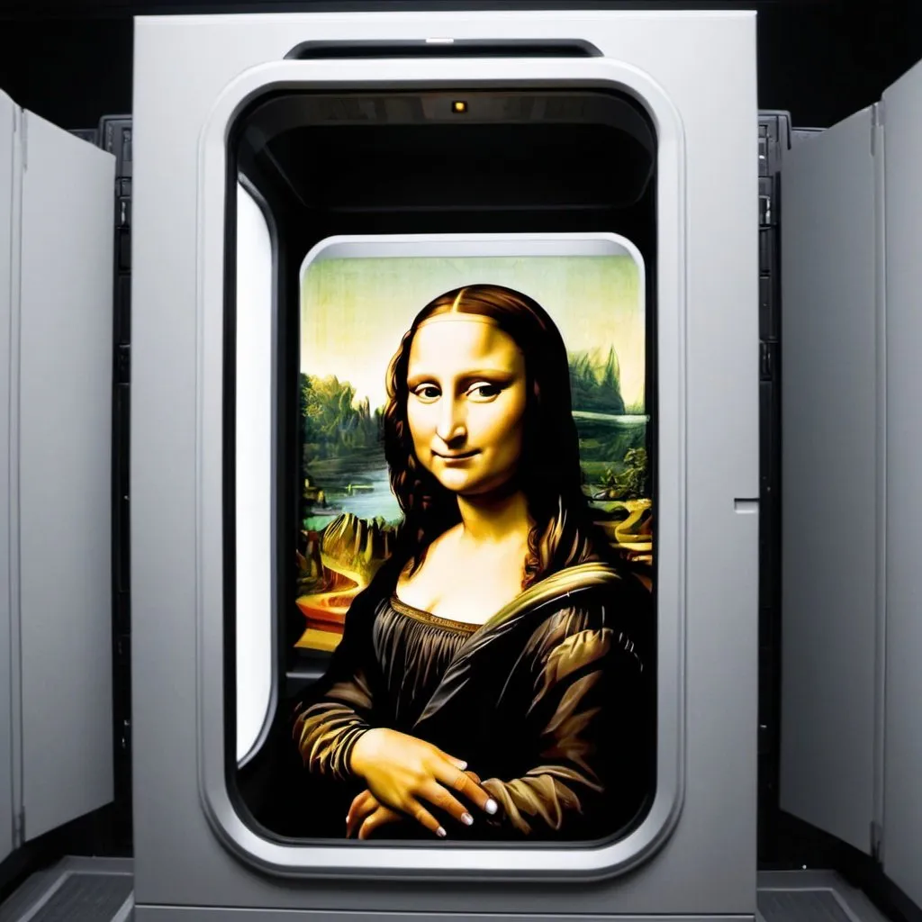 Prompt: Mona Lisa opening  the pod bay doors