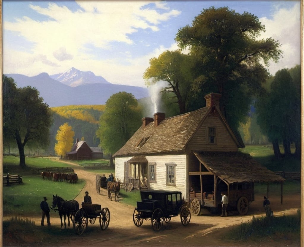 Prompt: a painting of a farm scene with a horse drawn carriage and a man on a horse drawn cart in the foreground, Bierstadt Albert, Hudson River School, set in 1860, a detailed matte painting