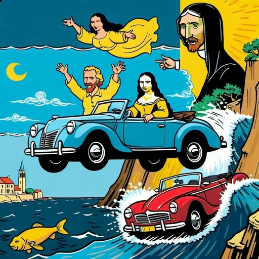 Prompt: (Mona Lisa) and  (Vincent van Gogh)  are laughing and driving a sports convertible car off a cliff into the ocean, car flying through air towards screen, freefalling, dynamic,  photo
