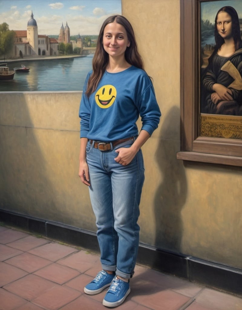 Prompt: a full-length portrait painting,
Mona Lisa,
standing on the sidewalk outside the 	Globe Theatre, 
smiley face  t-shirt, 
long blue jean,
blue tennis shoes,
academic art, renaissance oil painting