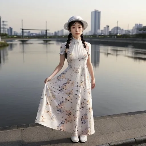 Prompt: japanese woman, 26yo,  hair in a French braid (( long flower print Empire Dress with a high neck line and white hat)) standing in Tokyo at dawn,  standing on the sidewalk.