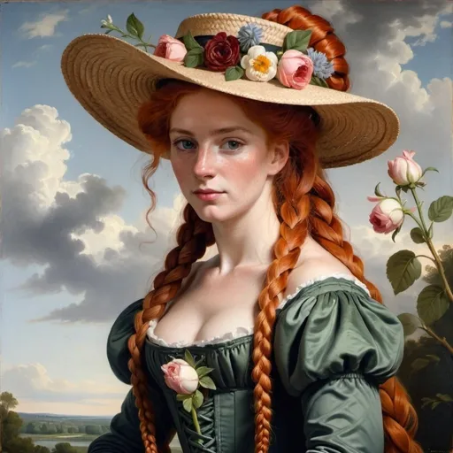 Prompt: a panting of a woman facing us  with long red hair in French braid wearing a hat and dress with flowers,  full body portrait,  Portrait by Anne-Louis Girodet