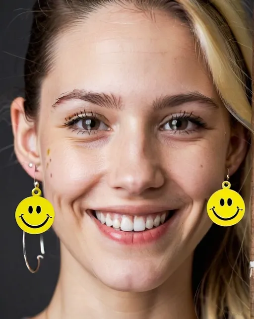 Prompt: portrait,  
(27 year-old woman), 
(a smile on her face),
(earrings with a smiley face on it's earring hooks),  
photo
