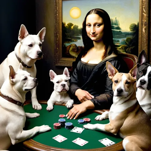 Prompt: Mona Lisa  playing poker with the dogs playing poker