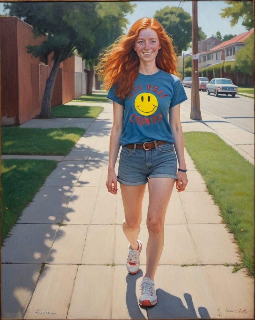 Prompt: a full-length portrait painting,
 27 year-old woman, 
walking on a dry sidewalk, 
cover with dark freckle,
green eyes, 
long ginger hair, 
a smile on her face, 
smiley-face  t-shirt, 
long blue jean,
red and blue tennis shoes,
1970s oil painting,