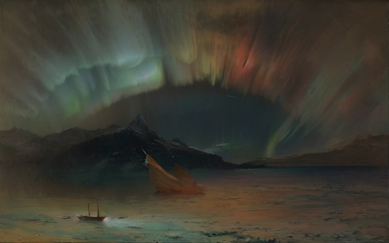 Prompt: a painting of a boat in a body of water under a sky filled with aurora lights and a mountain, Albert Bierstadt, space art, apocalypse, a painting