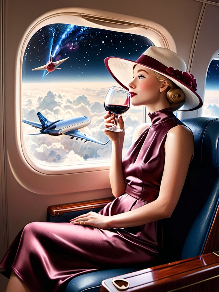 Prompt: a 21-year-old woman in a long flower print Empire Dress with a high neck line and white hat sitting on an airplane seat with a hat on her head drinking red wine,  and ( galaxy))  in the background with a window, Annie Leibovitz, precisionism, promotional image, an art deco painting  drinking red wine,