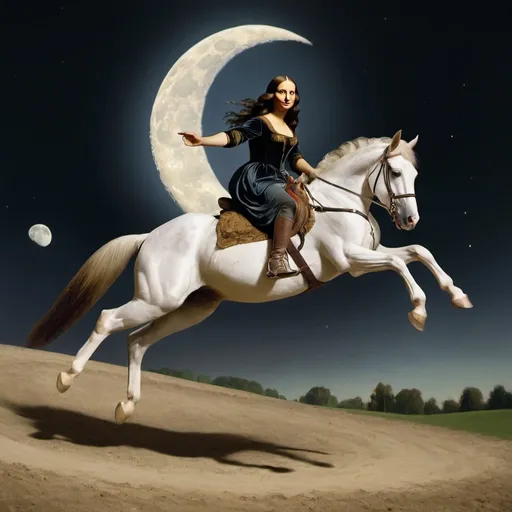 Prompt: Mona Lisa riding a horse that is jumping over the Moon.