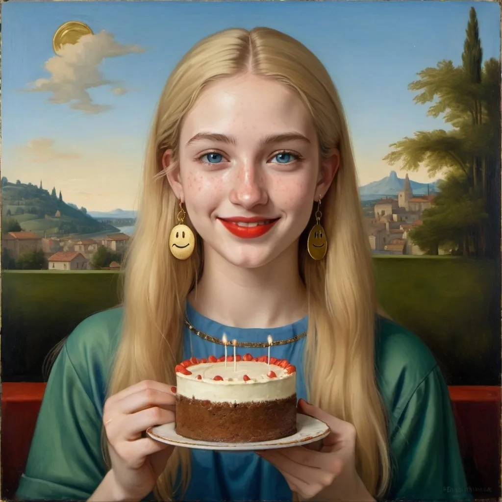 Prompt: a half-length portrait painting  of 20 year-old woman cover with dark freckle blue eyes  long blonde hair red lipstick  on a smile on her face, "gold earrings",  smiley-face T-shirt, eating cake, with a green background and a blue sky, Fra Bartolomeo, academic art, renaissance oil painting, a painting in the style of  Mona Lisa