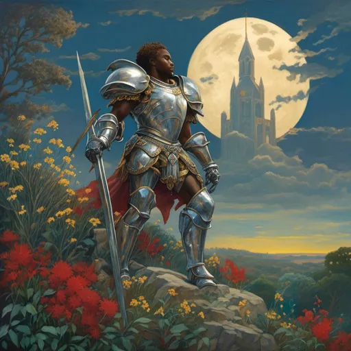 Prompt: <mymodel> <mymodel>A knight standing on a hilltop under a moonlit sky. The knight is clad in silver armor with an ornate sword held aloft, reflecting the moonlight. His shield with a golden lion emblem rests by his side. The helmet, adorned with red and gold feather plumes, is under his arm, revealing his noble face. The hill is covered in wildflowers like lavender, poppies, and daisies swaying in the breeze. Below, a serene medieval village with thatched rooftops and winding cobblestone streets lies quiet. In the background, a grand castle's silhouette rises against the starry sky, its towers and turrets bathed in an ethereal glow. A banner with the knight's crest flutters from the highest tower. Fireflies dance in the air, adding a touch of magic. The scene evokes peaceful vigilance and anticipation of new adventures