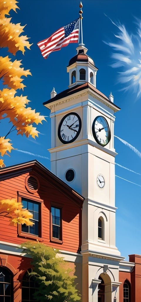 Prompt: a clock tower with american flags on the side of it and a flag flying in the wind on a sunny day, Arlington Nelson Lindenmuth, american scene painting, award-winning photograph, a digital rendering