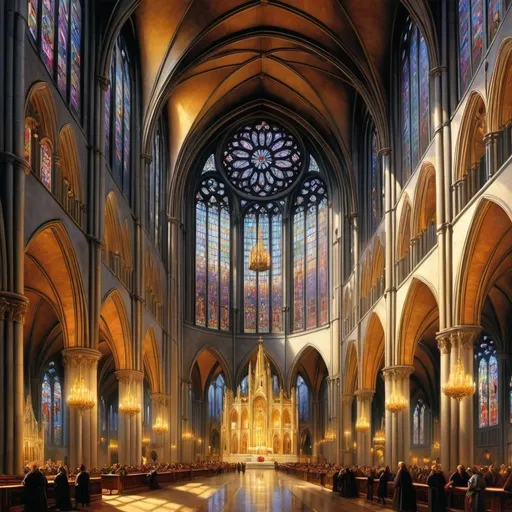 Prompt: Create a UHD, 64K, professional oil painting in the style of Carl Heinrich Bloch, blending influences from Flemish Baroque and traditional religious iconography, The grand cathedral, with its towering spires and vast rose window, was a marvel of medieval architecture, a symphony in stone, The first faint streak of daybreak appeared on the horizon, casting a pale light over the sleeping world.