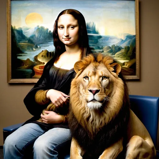 Prompt: Mona Lisa  riding a  lion in  an airport