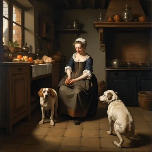 Prompt: a painting of a woman in a kitchen with a child and a dog on the floor next to her, Cornelis Bisschop, Baroque, Baroque oil painting,academic art, rembrandt lighting, a flemish Baroque