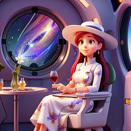 Prompt: a 21-year-old woman in a long flower print Empire Dress with a high neck line and white hat sitting on a spaceplane seat with a hat on her head drinking a glass of red wine,  and (( the Andromeda Galaxy))  in the background with a window, Annie Leibovitz, precisionism, promotional image, an art deco painting  drinking red wine,