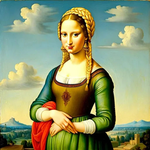 Prompt: a painting of Mona Lisa blue eyes braided blonde hair, red lipstick, on a smile on her face "gold earrings", renaissance dress  with a green background and a blue sky, Fra Bartolomeo, academic art, renaissance oil painting, 