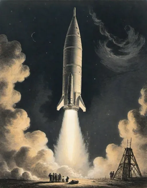 Prompt: a newspaper illustration of a rocket is being launched on a clear night with fire andsmoke billowing out of it's back end,
Alfred R. Waud,
american realism, 
set in 1860, 
an illustration of
moon lighting,
rembrandt lighting, 

