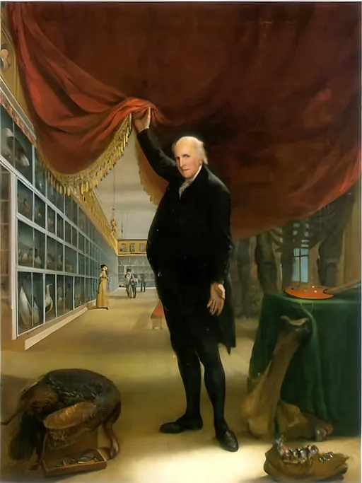 Prompt: The Artist in His Museum by Artist	
Charles Willson Peale  (1741–1827)

a painting of a man in a room with a red curtain and a green table cloth on the floor, Charles Willson Peale, american scene painting, book cover, a painting