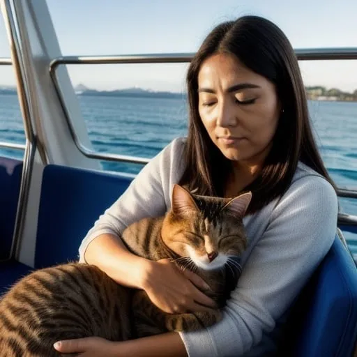 Prompt: A cat that is sleeping on the lap of a woman. the woman is sitting  up in a chair on a ferry, wide angle view, full depth of field, beautiful, high resolution, golden hour lighting,