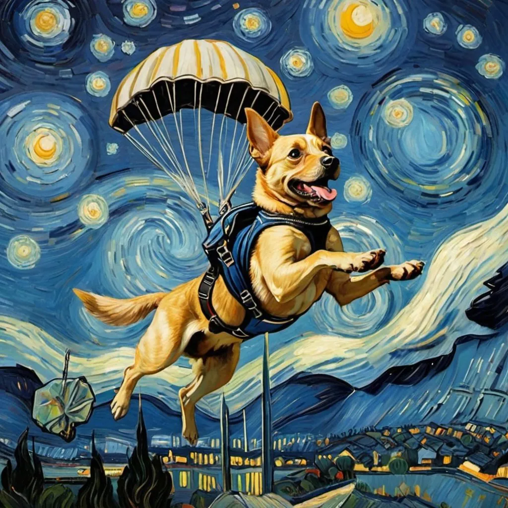 Prompt: a dog skydiving  in "The Starry Night" by Vincent van Gogh