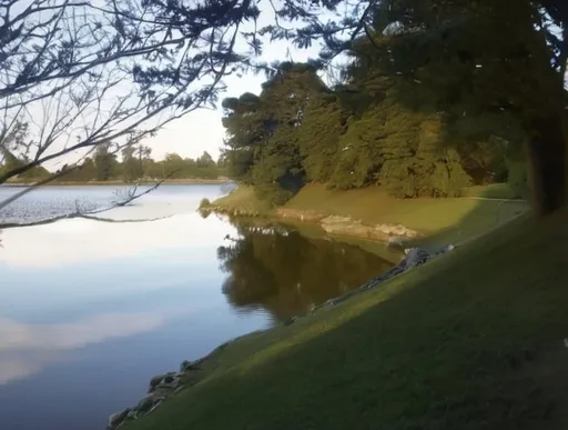 Prompt: a lake with a tree in the foreground and a grassy area in the background with a few rocks on the shore,  plein air, lake, a photo