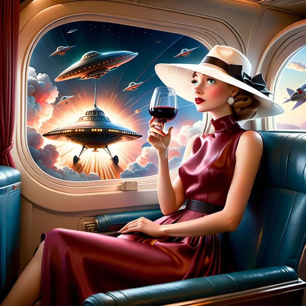 Prompt: a 21-year-old woman in a long flower print Empire Dress with a high neck line and white hat  sitting on an airplane seat with a hat on her head, drinking red wine, and an attacking UFO in the night shy in in the background with a window, Annie Leibovitz, precisionism, promotional image, an art deco painting