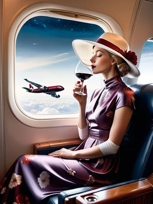 Prompt: a 21-year-old woman in a long flower print Empire Dress with a high neck line and white hat sitting on an airplane seat with a hat on her head drinking red wine,  and a galaxy  in the background with a window, Annie Leibovitz, precisionism, promotional image, an art deco painting  drinking red wine,