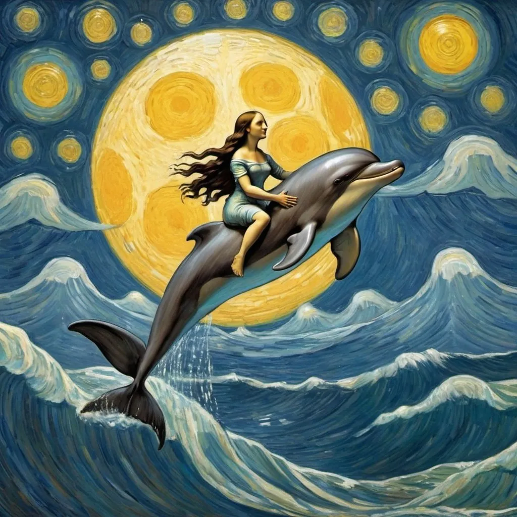 Prompt: Mona Lisa riding a dolphin that is jumping over the Moon in "The Starry Night" by Vincent van Gogh